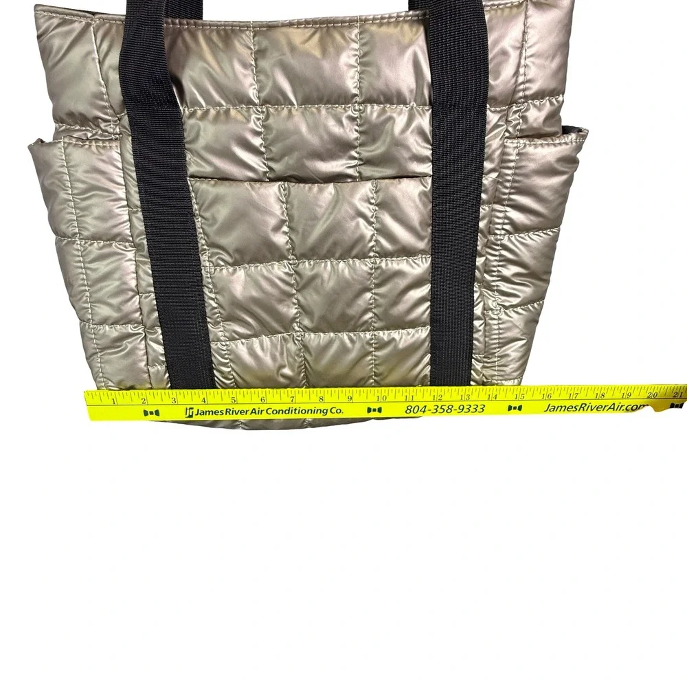 Puffer‎ Quilted Tote Shoulder Bag Metallic Gold Bronze Black Straps Zipper